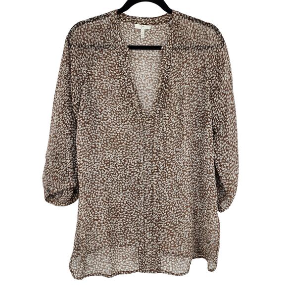 Joie Brown and White 100% Silk 3/4 Sleeve V-Neck Top Size Medium - Picture 1 of 5